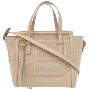 Salvatore Ferragamo Amy Gancini Leather Suede Pink Beige 2-Way Handbag Should...